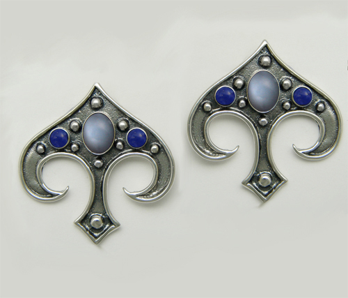 Sterling Silver Gothic Inspired Drop Dangle Earrings With Grey Moonstone And Lapis Lazuli